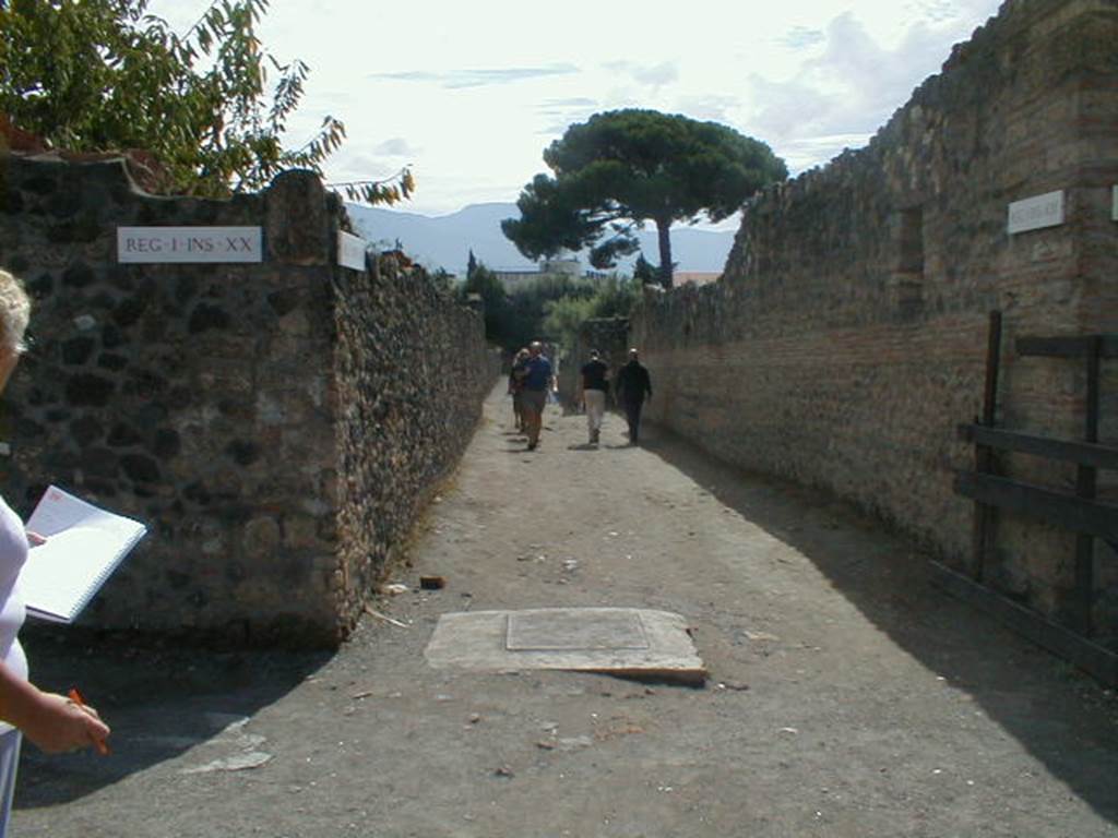 I.20.5 Pompeii, on left. May 2005.     Vicolo dei Fuggiaschi, looking south at junction with Via della Palestra.     I.21, on right.