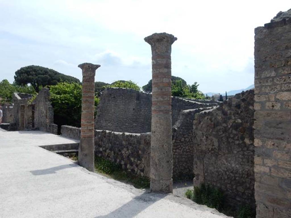 I.21.1 Pompeii. May 2017. Columns and steps, looking east on Via della Palestra.
Photo courtesy of Buzz Ferebee.
