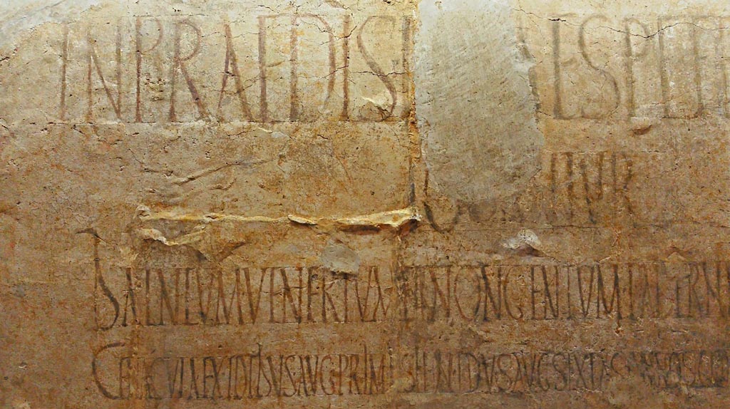 II.4.6 Pompeii. Found February 1756. Graffiti to the west side of doorway between II.4.5 and II.4.6.
Now in Naples Archaeological Museum. Inventory number 4713.
According to Pagano and Prisciandaro, CIL IV 1136 was found in February 1756, between II.4.5 and II.4.6 on the west side of the doorway, and read –

In  praedi(i)s  Iuliae  Sp(uri)  f(iliae)  Felicis
locantur
balneum  Venerium  et  nongentum  tabernae  pergulae
cenacula  ex  Idibus  Aug(ustis)  primis  in  Aug(ustas)  sextas  annos  continuos  quinque
S()  Q()  D()  L()  E()  N()  C()

See Pagano, M. and Prisciandaro, R., 2006. Studio sulle provenienze degli oggetti rinvenuti negli scavi borbonici del regno di Napoli  Naples : Nicola Longobardi. (p.22). 
They give a note that says the letters stand for “si quis domi lenocinium exerceat non conducito”.
See also Della Corte, M., 1965.  Case ed Abitanti di Pompei. Napoli: Fausto Fiorentino. (p.390)

According to Cooley, this translates as –
To let, in the estate of Julia Felix, daughter of Spurius: elegant baths for respectable people, shops with upper rooms, and apartments. 
From the 13th August next, to the 13th August of the sixth year, for five continuous years. 
The lease will expire at the end of the five years.
See Cooley, A. and M.G.L., 2004. Pompeii: A Sourcebook. London: Routledge. (p.171)
She makes the point “The final phrase is highly abbreviated (with only the initial letter of each word).
Its meaning is not certain, but likely from the context”.

According to Epigraphik-Datenbank Clauss/Slaby (See www.manfredclauss.de) the last line is interpreted differently:

In praedi(i)s Iuliae Sp(uri) f(iliae) Felicis
Locantur
balneum Venerium et nongentum tabernae pergulae
cenacula ex Idibus Aug(ustis) primis in Idus Aug(ustas) sextas annos continuos quinque
s(i) q(uis) d(esiderabit) l(ocatricem) e(o) n(omine) c(onvenito?)

On this panel can also be seen:

A(ulum) Suettium Verum aed(ilem) / v(iis) a(edibus) s(acris) p(ublicis) p(rocurandis) d(ignum) r(ei) p(ublicae) probum o(ro) v(os) f(aciatis)      [CIL IV 1137]

Trebium aed(ilem)      [CIL IV 1138]

Metelli C[      [CIL IV 1139]

L(ucium) Ceium Secundum aed(ilem) o(ro) v(os) f(aciatis) Proculus et Canthus rog(ant)      [CIL IV 1140]

L(ucium) C(aecilium) C(apellam)      [CIL IV 1141]

See Varone, A. and Stefani, G., 2009. Titulorum Pictorum Pompeianorum, Rome: L’Erma di Bretschneider, pp. 212-3.
