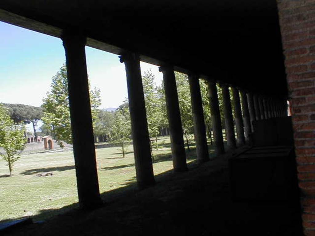 II.7.8 Pompeii. Palaestra. May 2005. Looking south along west portico. Guardando a sud lungo il portico ovest. 
Secondo NdS 1939; Portico occidentale. N. 86-89. - Un solo gruppo di 4 scheletri si rinvenne lungo il portico occidentale senza alcun oggetto di corredo.

According to NdS 1939; Western portico. No 86-89. - A single group of 4 skeletons found along the western portico without any possessions.

Vedi/See Notizie degli Scavi di Antichità, 1939, p. 226.
