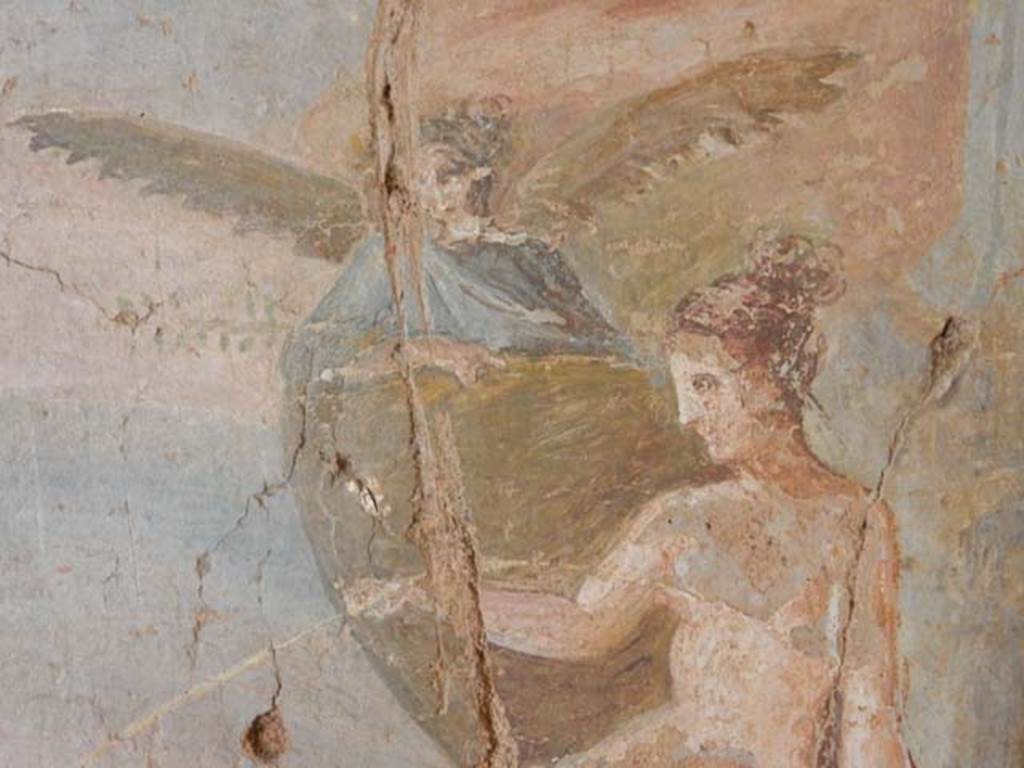 II.9.4, Pompeii. May 2018. Room 8, detail of Venus from central wall painting on south wall.
Photo courtesy of Buzz Ferebee. 
