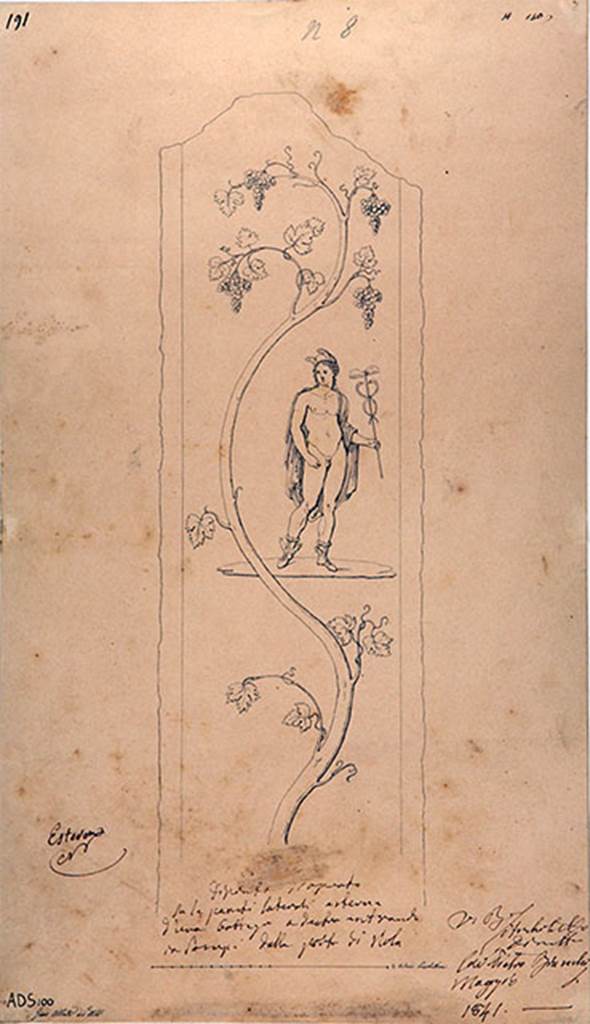 IV.1.d and IV.1.e Pompeii behind custodians shed. 1841 drawing by G. Abbate.
Drawing of painting of Mercury with petasos (hat) and winged sandals, and holding a caduceus. 
A vine runs from bottom to top of the panel.
Frhlich identified Mercury on the left of the entrance and Bacchus on the right of the entrance.
Now in Naples Archaeological Museum. Inventory number ADS 100.
See Frhlich, T., 1991. Lararien und Fassadenbilder in den Vesuvstdten. Mainz: von Zabern. (p.316, F26).
Photo  ICCD. http://www.catalogo.beniculturali.it
Utilizzabili alle condizioni della licenza Attribuzione - Non commerciale - Condividi allo stesso modo 2.5 Italia (CC BY-NC-SA 2.5 IT)

