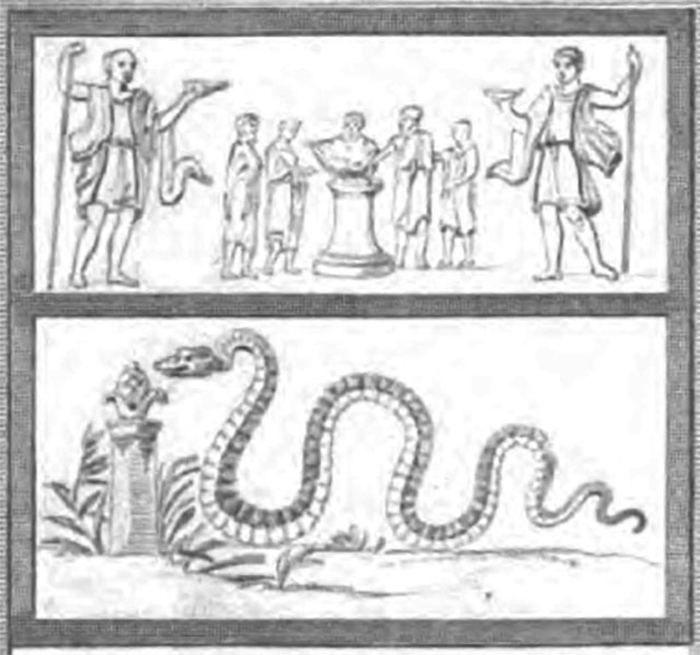 IV.4.g Pompeii. Drawing of the painting found above a street shrine between IV.4.f and IV.4.g.
In the middle was a round altar with five small figures in long white tunics. 
In the centre behind the altar is a tibicen. 
On either side are pairs of Vicomagistri with right arms outstretched to the altar.  
Two large Lares flank the scene. 
In the lower zone was a serpent approaching from the left to an altar with eggs and fruit on it.
See Frhlich, T., 1991. Lararien und Fassadenbilder in den Vesuvstdten. Mainz: von Zabern. (p.315, F24)
See Gell, W. and Gandy, J., 1852. Pompeiana: Third Edition. London: Bohn. (p. 97, Pl. 18).
