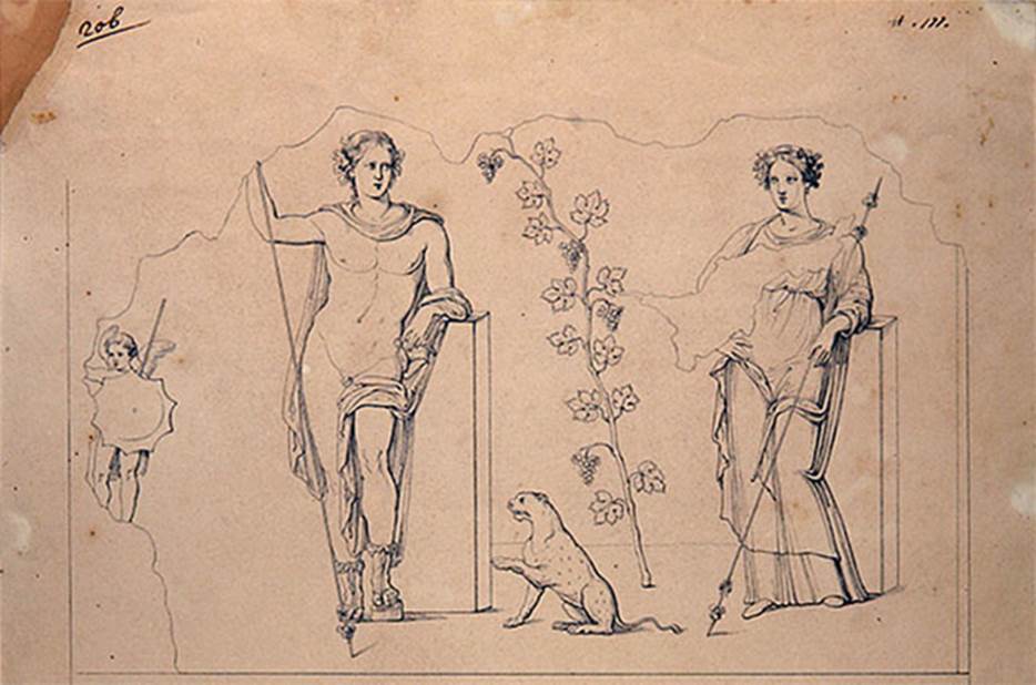 IV.5.b Pompeii. 1841. Entrance middle pillar. Drawing by G. Abbate of Bacchus and a goddess possibly Venus Pompeiana.
The middle pillar had a painting of a grape-crowned Bacchus wearing sandals and a cloak.
He stood with his elbow on a pillar and left foot on a podium. 
His right hand was raised, touching a standing Thyrsus. 
His left hand held a cantharus from which he fed a panther that sat to the left. 
To the right was a small Eros and another god possibly Venus Pompeiana.
Now in Naples Archaeological Museum. Inventory number ADS 103.
See Frhlich, T., 1991. Lararien und Fassadenbilder in den Vesuvstdten. Mainz: von Zabern. (p.316, F27)
Photo  ICCD. http://www.catalogo.beniculturali.it
Utilizzabili alle condizioni della licenza Attribuzione - Non commerciale - Condividi allo stesso modo 2.5 Italia (CC BY-NC-SA 2.5 IT)

