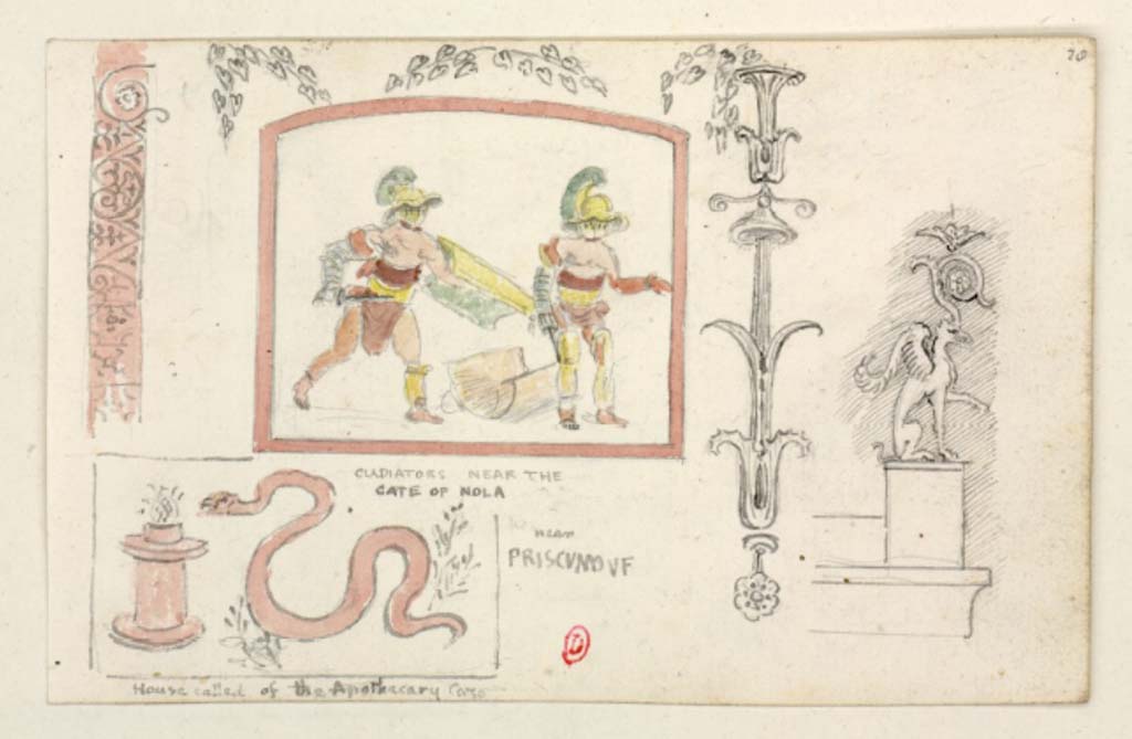 Gladiators near the Nola Gate, c.1819 sketch by William Gell, from an unknown wall.
See Gell W & Gandy, J.P: Pompeii published 1819 [Dessins publis dans l'ouvrage de Sir William Gell et John P. Gandy, Pompeiana: the topography, edifices and ornaments of Pompei, 1817-1819], p. 128/158.
See book in Bibliothque de l'Institut National d'Histoire de l'Art [France], collections Jacques Doucet Gell Dessins 1817-1819
Use Etalab Open Licence ou Etalab Licence Ouverte
(Note: according to Jacobelli (see drawing by Morelli in Fig.64 on page 76), this painting on a wall may have been seen in VII.4.26.
However, beneath the Morelli painting is written Alla porta settentrionale di Pompei in Atrio non lungi dalla medesima.
(At the northern gate of Pompeii in an atrium not far from the same), which would seem to indicate a room not far from the Herculaneum Gate or in Insula Occidentalis.)
See Jacobelli, L., 2003. Gladiators at Pompeii. Rome: LErma di Bretschneider. (p.76).


