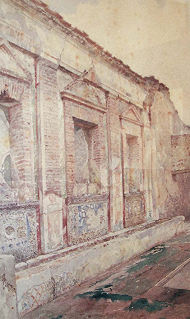 V.1.7 Pompeii. 1901. 
Peristyle “b”, watercolour by Luigi Bazzani, of nymphaeum in the House of the Bull. 
