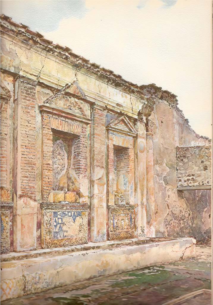 V.1.7 Pompeii. Undated watercolour by Luigi Bazzani, of nymphaeum in the House of the Bull. 

