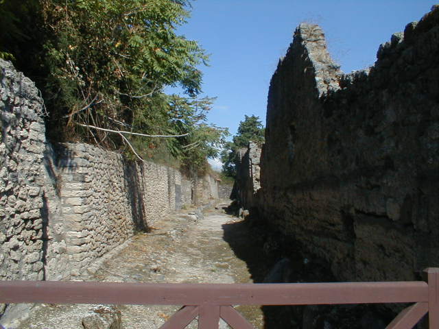 V.6 Pompeii.September 2004.Vicolo delle Nozze d’Argento, looking east. Side wall of V.1.13