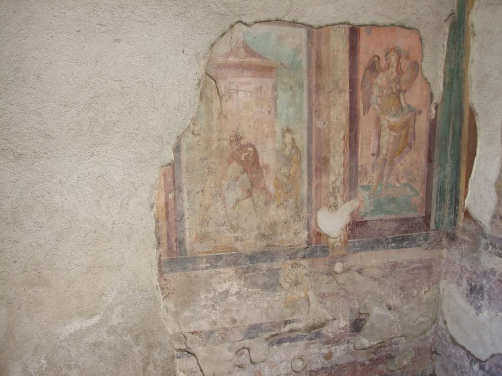 V.1.18 Pompeii. December 2007. West wall of exedra “y” with paintings with mythological scenes.