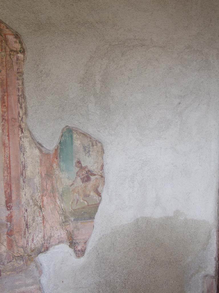 V.1.18 Pompeii. March 2009. 
North wall of exedra “y”. Remains of wall painting of The Sacrifice of a Goat to Dionysus.
