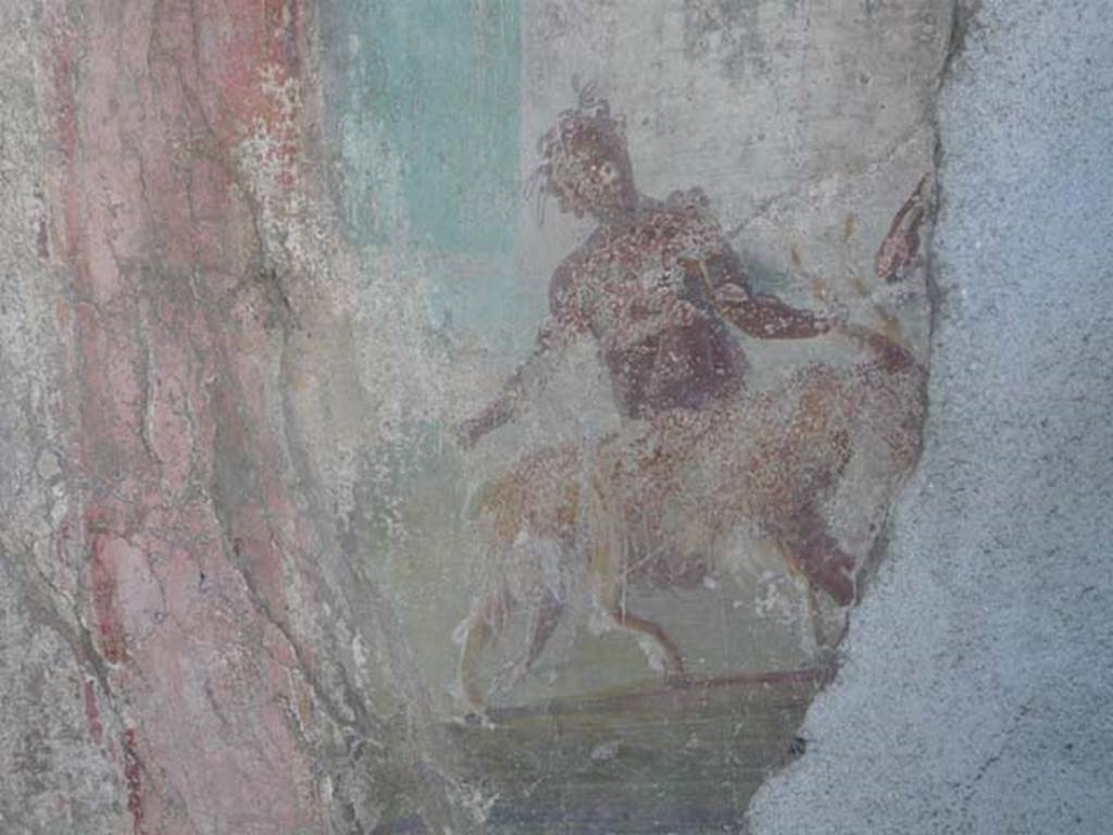 V.1.18 Pompeii. May 2012. Detail from north wall of exedra “y”.  Remains of wall painting of The Sacrifice of a Goat to Dionysus. Photo courtesy of Buzz Ferebee. 
