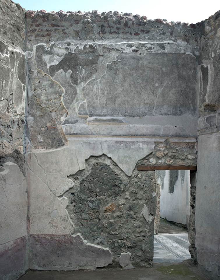 V.1.26 Pompeii. March 2009. 
Room 3, remains of plaster, cornice and decoration on east wall of second cubiculum.
