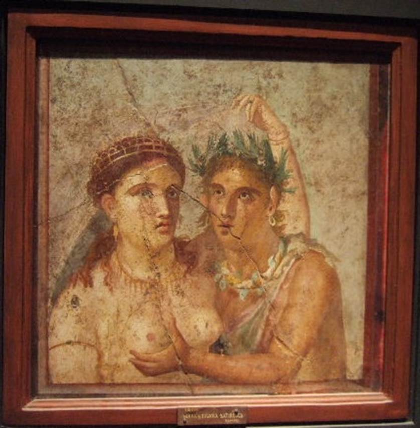 V.1.26 Pompeii. Painting of a Satyr embracing a Maenad. Found in tablinum “i”, on west (?) end of north wall. 
Now in Naples Archaeological Museum. Inventory number: 110590.


