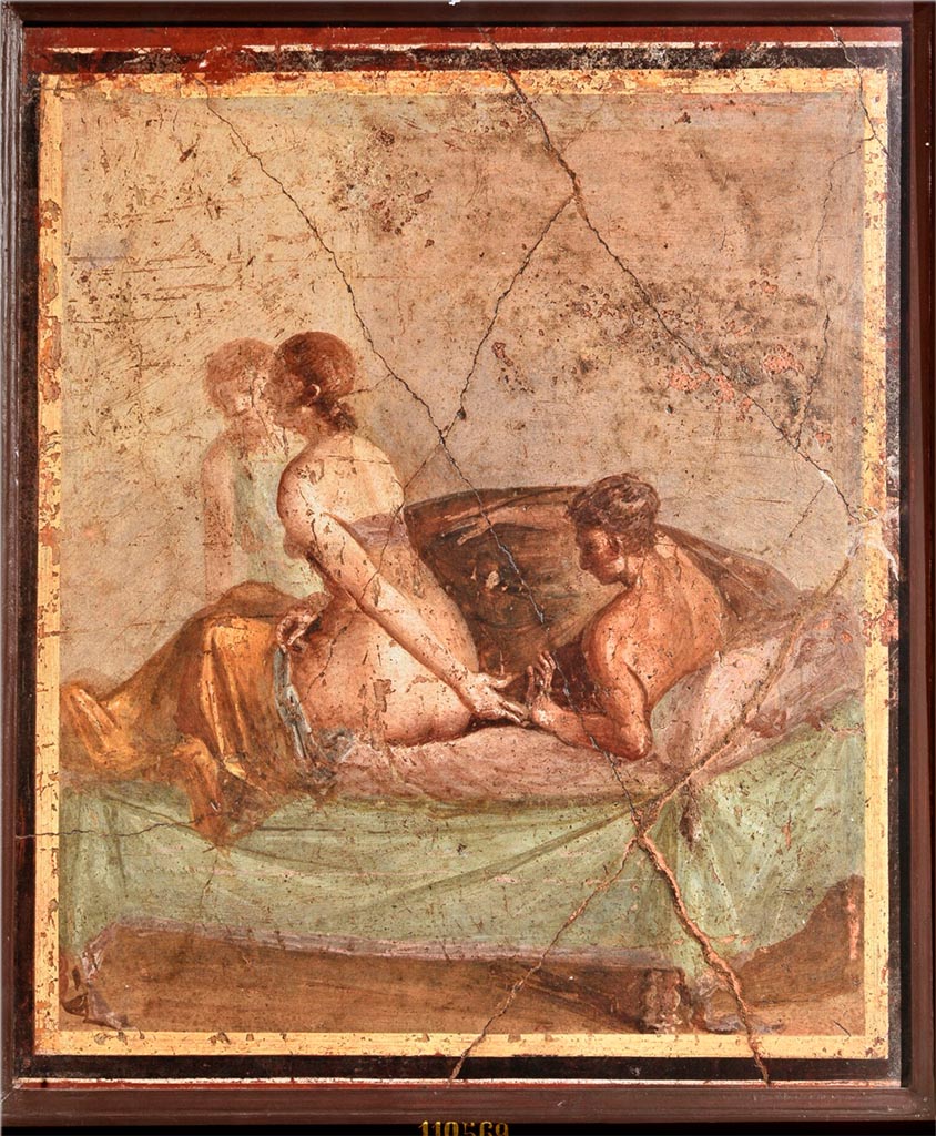 V.1.26 Pompeii. Found in peristyle L. Love scene with figure in background. 
Now in Naples Archaeological Museum. Inventory number 110569.

