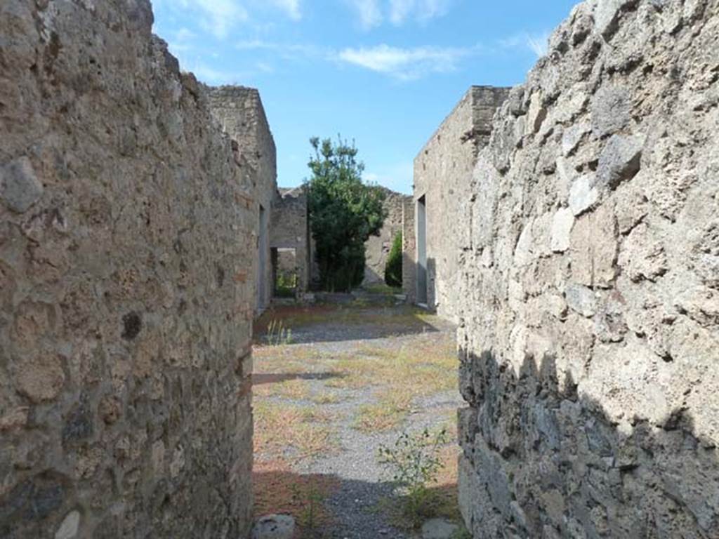 V.2.1 Pompeii. September 2015. Looking north from the entrance fauces across the atrium and site of impluvium to the garden area.
According to Garcia y Garcia 
On the 13th September 1943, a bomb of huge calibre fully hit the atrium of this house, destroying apart from the cubiculum to the east of the atrium, the floor of the impluvium and its puteal, and also all of the rooms around the atrium with their dividing walls.
The bomb also caused the grave loss of IV Style paintings in the two cubicula to the west of the tablinum, that were originally decorated  the first with the paintings of Leda and the Swan and of Poseidon and Amimone, and the second, bigger and with the recess for the bed, with the paintings of Marsia and Olympo, Giove and Danae, and Meleager and Atalanta; two of these paintings were lost and it was only possible to recompose them from fragments.
Also the large windowed triclinium on the south-east side of the garden area suffered the notable damage that came, but only in part, and was hastily restored, and some of the collapsed paintings were able to be recomposed from the thousands of fragments.
See Garcia y Garcia, L., 2006. Danni di guerra a Pompei. Rome: LErma di Bretschneider, (p.62).



