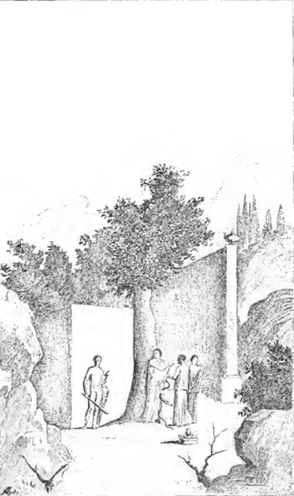 .2.10 Pompeii. Room 9, cubiculum, entrance (west) wall. 1890 drawing of wall painting of Hercules and the Hesperides. See Mitteilungen des Kaiserlich Deutschen Archaeologischen Instituts, Roemische Abtheilung Volume XXVI, 1890, p. 268.