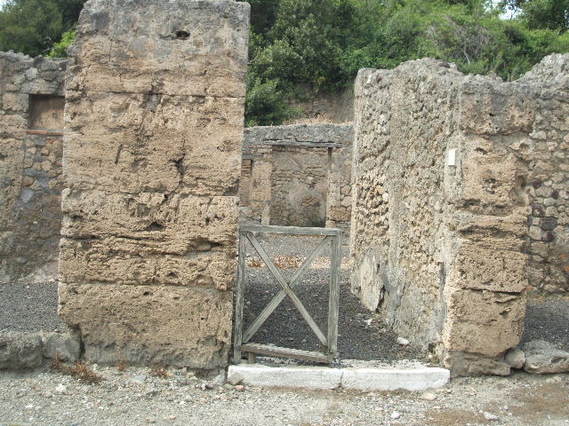V.2.15 Pompeii. May 2005. Entrance.
According to NdS, the doorstep of the entrance corridor was travertine, and the walls were painted in yellow and purple panels.
See Notizie degli Scavi di Antichità, 1896, p. 438.

