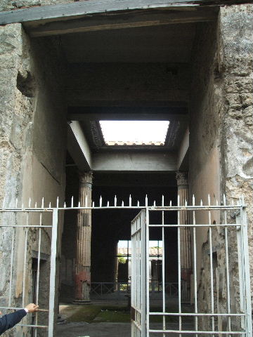 V.2.i Pompeii. March 2009. Room 1, atrium.  Restored compluvium, originally fitted with Grondaia or water spouts (see picture below).

