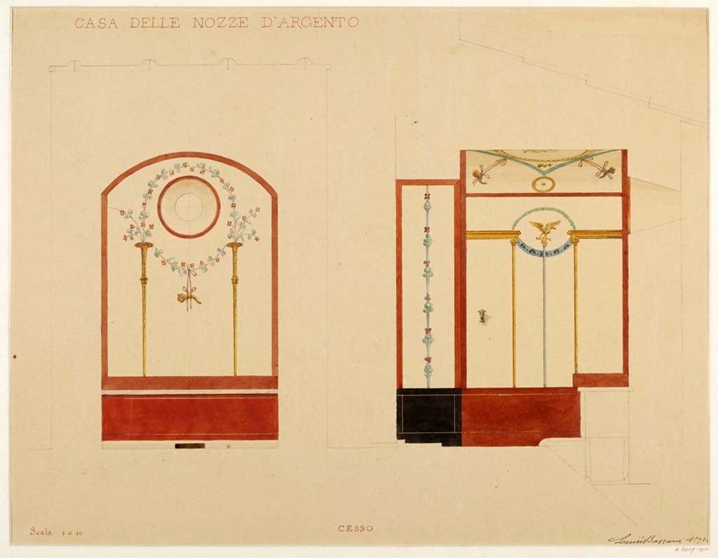 V.2.i Pompeii. Room 13, watercolour by Luigi Bazzani showing painted walls of latrine.
Photo © Victoria and Albert Museum, inventory number E.6257-1910.
