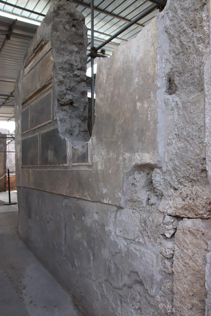 V.2 Pompeii. Casa di Orione. April 2022. North wall of entrance corridor, detail from black panel. Photo courtesy of Johannes Eber.