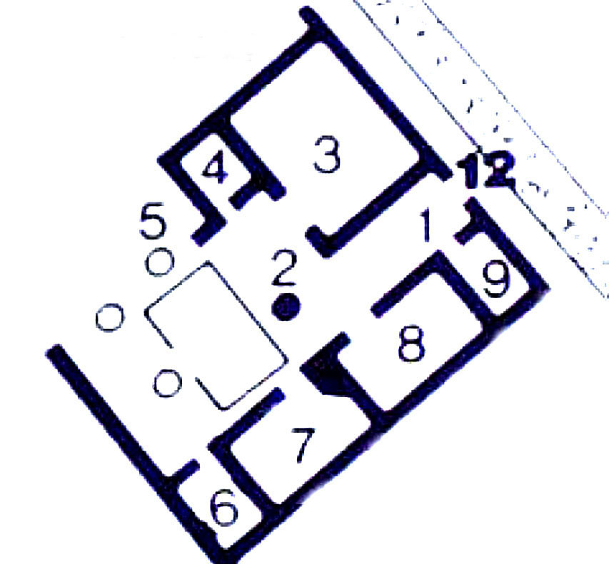 V.3.12 Pompeii. Drawing of plan based on PPM, III, p. 961.
According to the Parco Archeologico di Pompei press release the lararium excavated in 2018 was to the north of this plan.
