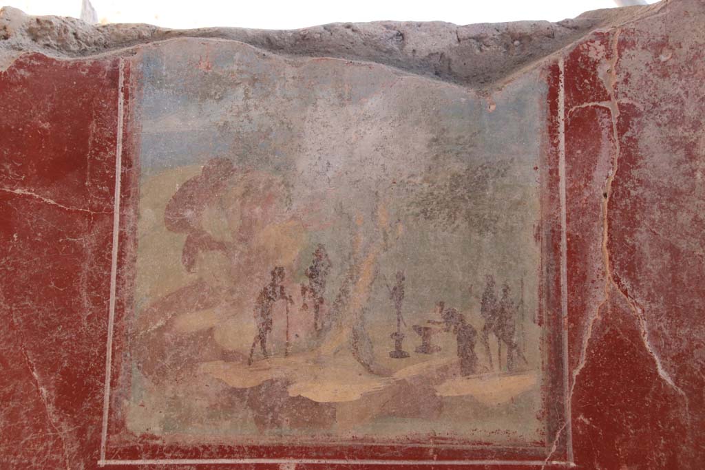 V.3 Pompeii. Casa del Giardino. 
Room 1, central painting of sacred landscape from south wall showing worshippers at a rural sanctuary. Photo courtesy of Klaus Heese.
.