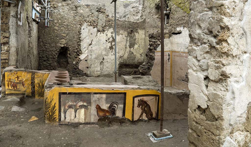 V.3 Pompeii, Thermopolium with painting of nereid. September 2021. 
Painted detail of dead ducks waiting to be cooked and eaten, and rooster looking worried, on west side of counter in bar-room. 
Photo courtesy of Klaus Heese.

