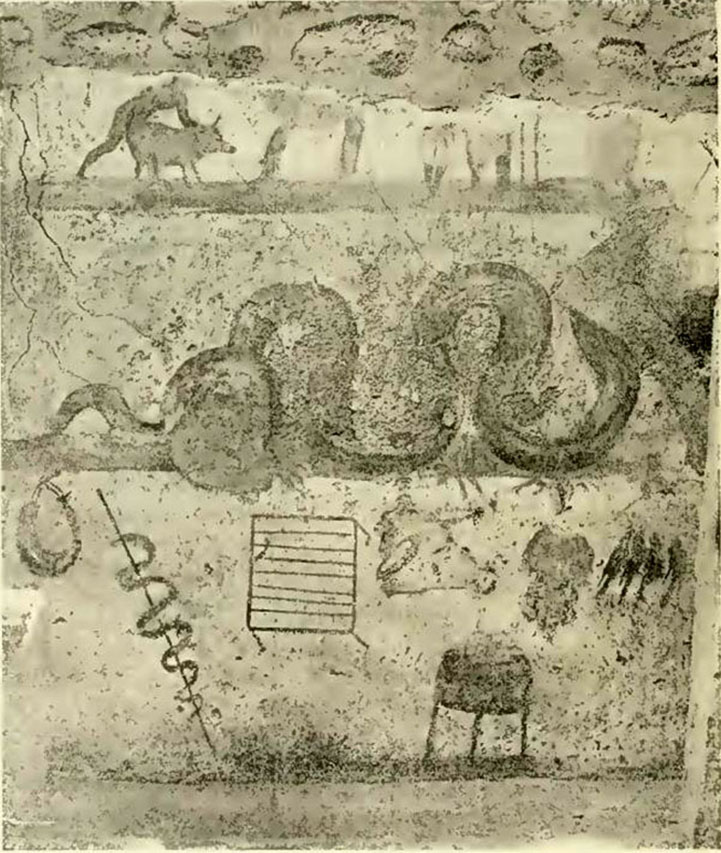 V.4.3 Pompeii. 1901 photograph of lararium painting on east wall of kitchen.
See Notizie degli Scavi di Antichit, 1901, p. 258-9, fig. 2.
