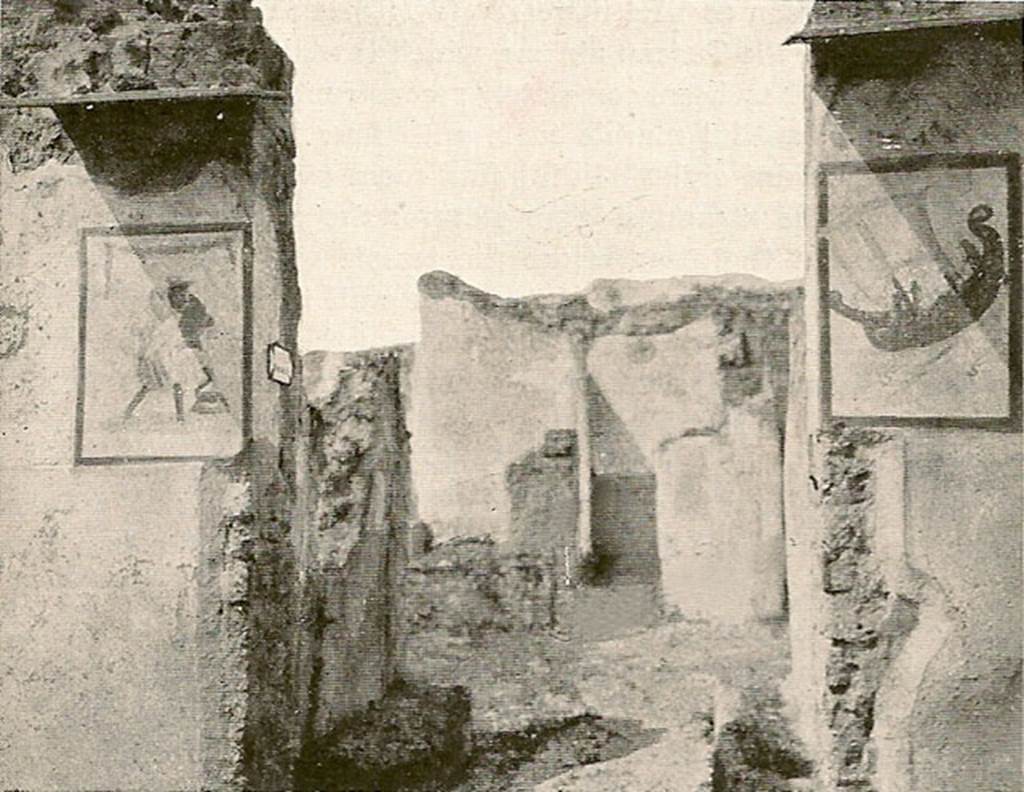 V.4.13 Pompeii. Old undated photograph. Paintings on entrance pillars.
A painting of Mercury was found on the left entrance pillar.
A painting of a ship in full sail was on the right entrance pillar.
