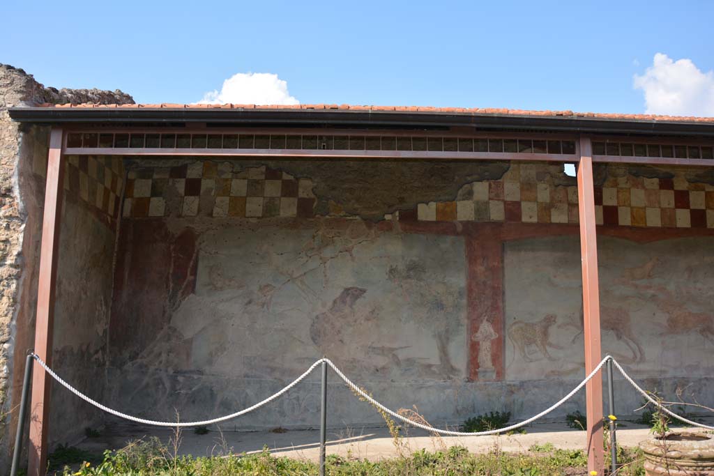 V.4.a Pompeii. March 2019. 
Room ‘l’ (L), looking towards north wall in north-west corner painted with hunting fresco with life-size animals. 
Foto Annette Haug, ERC Grant 681269 DÉCOR
