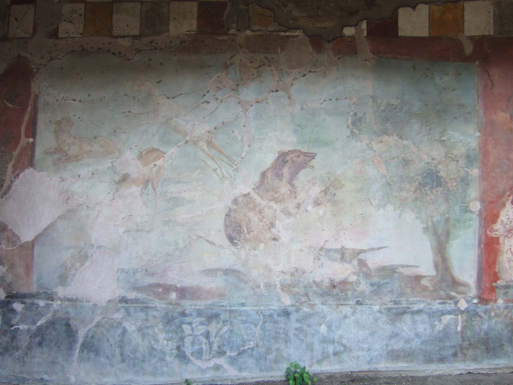 V.4.a Pompeii. May 2006. Hunting fresco with life-size animals on north wall of garden area.