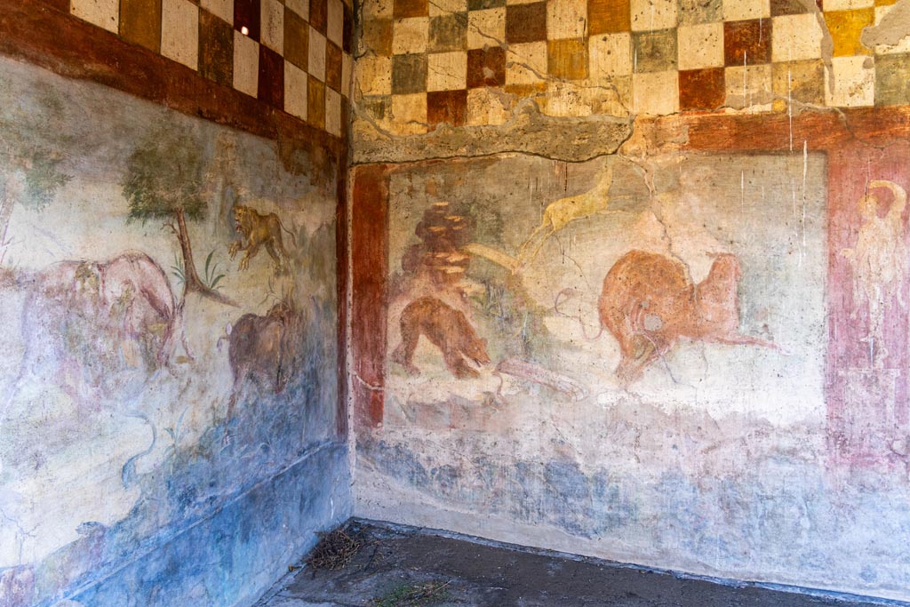 V.4.a Pompeii. October 2023. 
Room ‘l’ (L), hunting fresco with life size animals on north-east corner wall of garden area. Photo courtesy of Johannes Eber.
