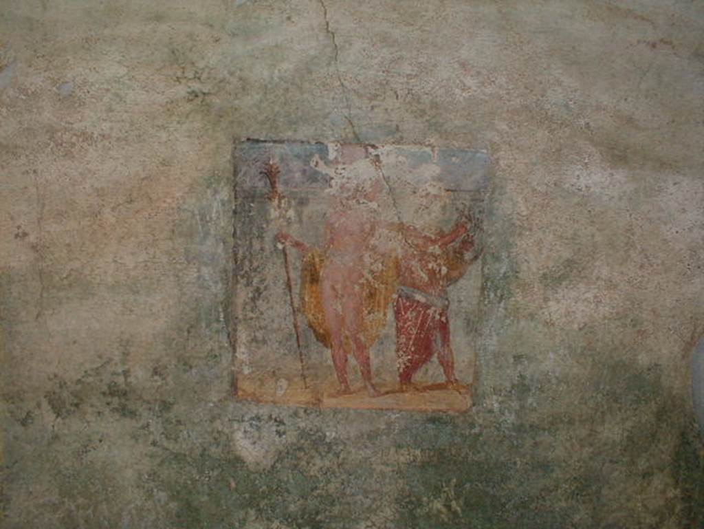 V.4.a Pompeii. September 2004. Summer triclinium, east wall. Wall painting of Dionysus (Bacchus) accompanied by Silenus playing the lyre. See Nappo, S., 1998. Pompeii: Guide to the lost City.  London: Weidenfield and Nicolson. (p. 126).
