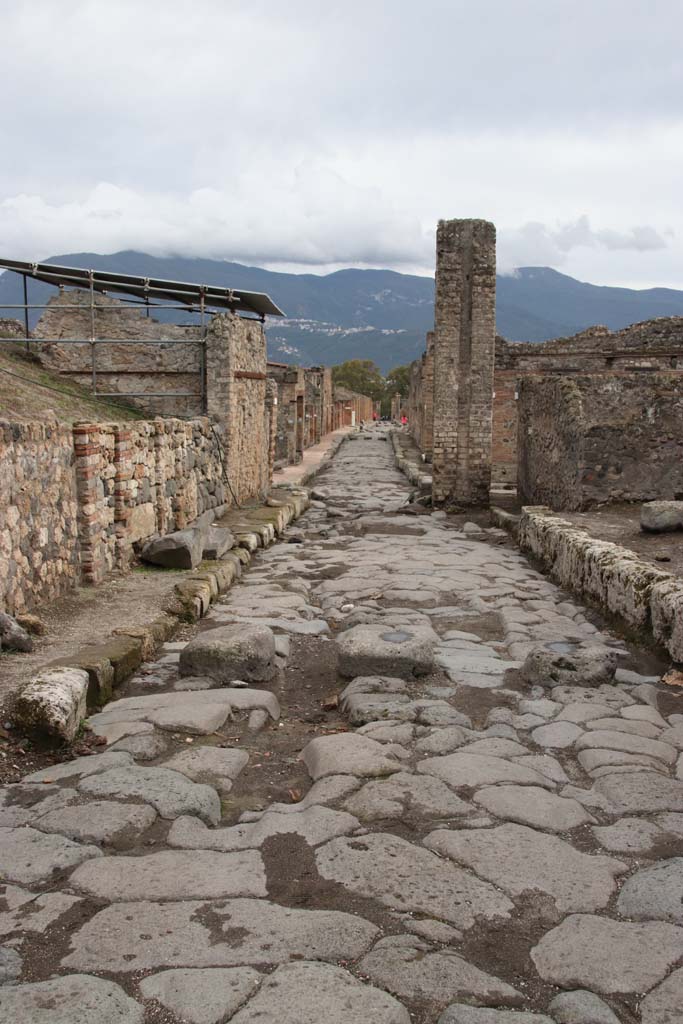 V.6.1 Pompeii. October 2020. Looking south on Via del Vesuvio towards V.6.1, roofed, on left.
Photo courtesy of Klaus Heese.

