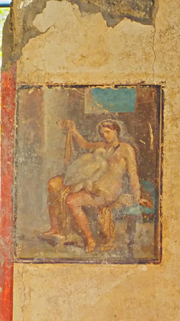 V.6.12 Pompeii. December 2019. 
East wall of cubiculum with painting of Leda and the Swan. Photo courtesy of Giuseppe Ciaramella.
