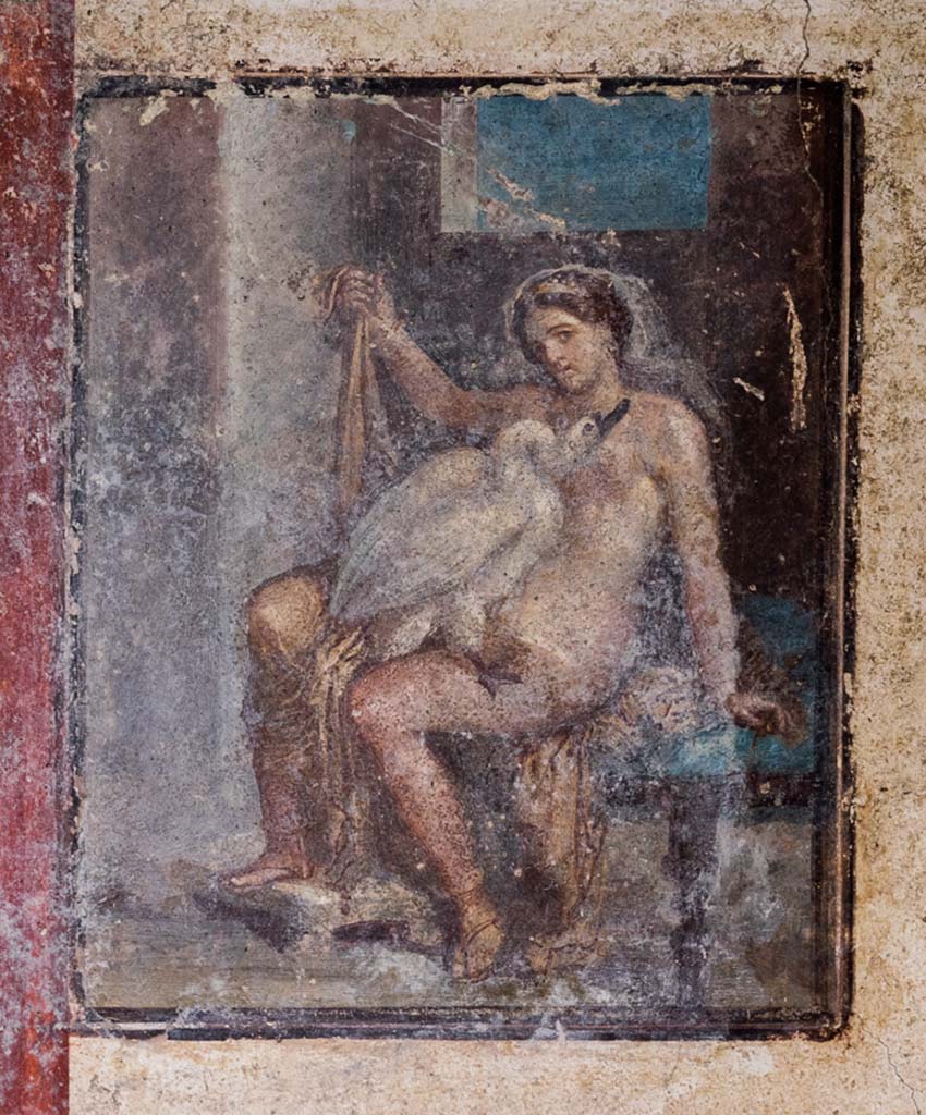 V.6.12, Pompeii. January 2020. 
East wall of cubiculum, painting of Leda and the Swan. Photo courtesy of Johannes Eber.
