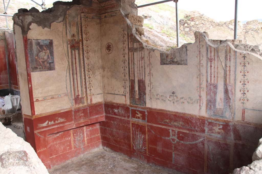 V.6.12 Pompeii. October 2020. East and south walls of cubiculum, with doorway to atrium, on left. Photo courtesy of Klaus Heese.