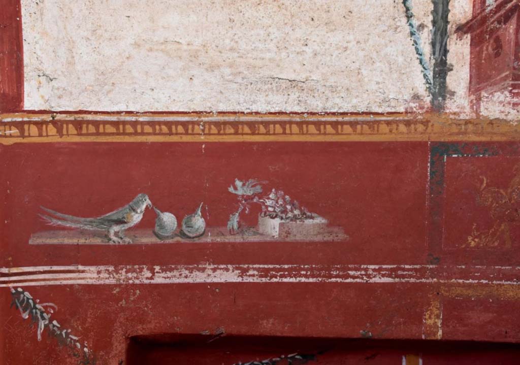 V.6.12 Pompeii. February 2019. Bird with fruit above bed niche in the cubiculum. 

Uccello con frutta sopra la nicchia del letto nel cubiculum.

Photograph © Parco Archeologico di Pompei.
