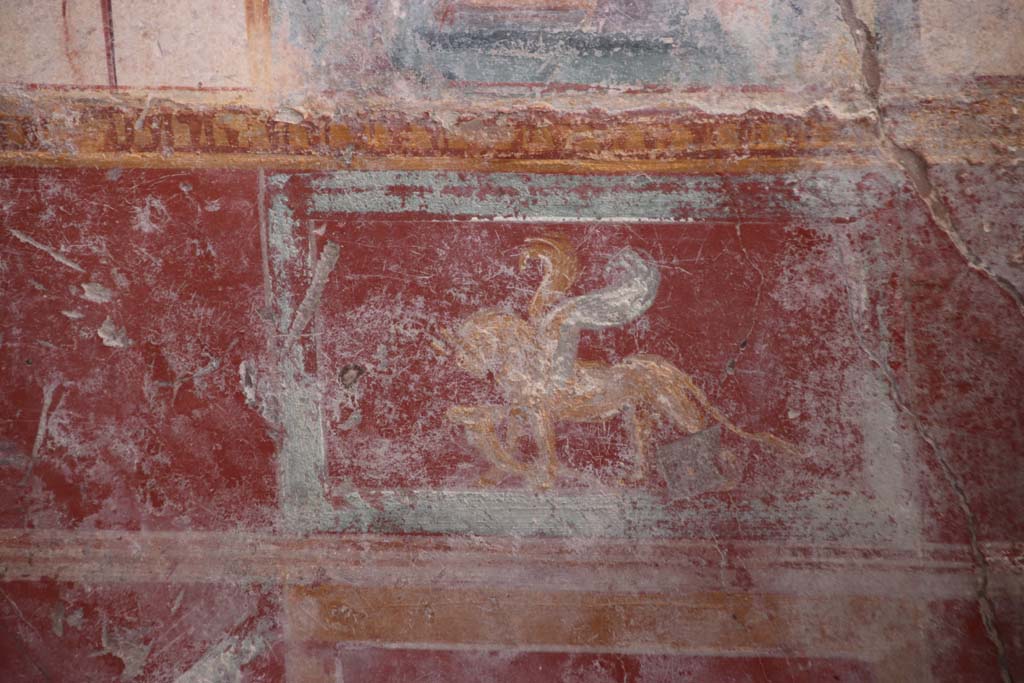 V.6.12 Pompeii. October 2020. Painted griffin with cornucopia in zoccolo/dado at west end of south wall. Photo courtesy of Klaus Heese.
