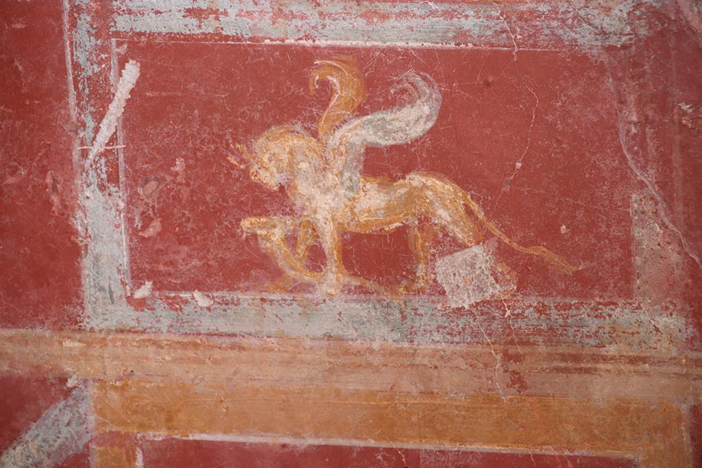 V.6.12 Pompeii. October 2024. Cubiculum 9, detail from lower south wall at west end. Photo courtesy of Klaus Heese.