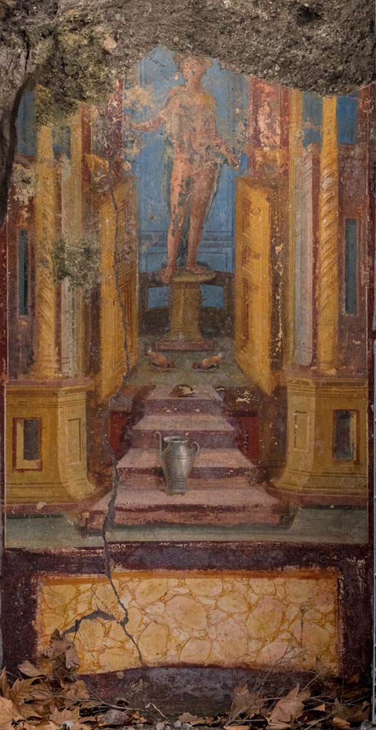 V.6.12, Pompeii. January 2020. 
Looking east to large painted figure of Hermes (Mercury). Photo courtesy of Johannes Eber.
