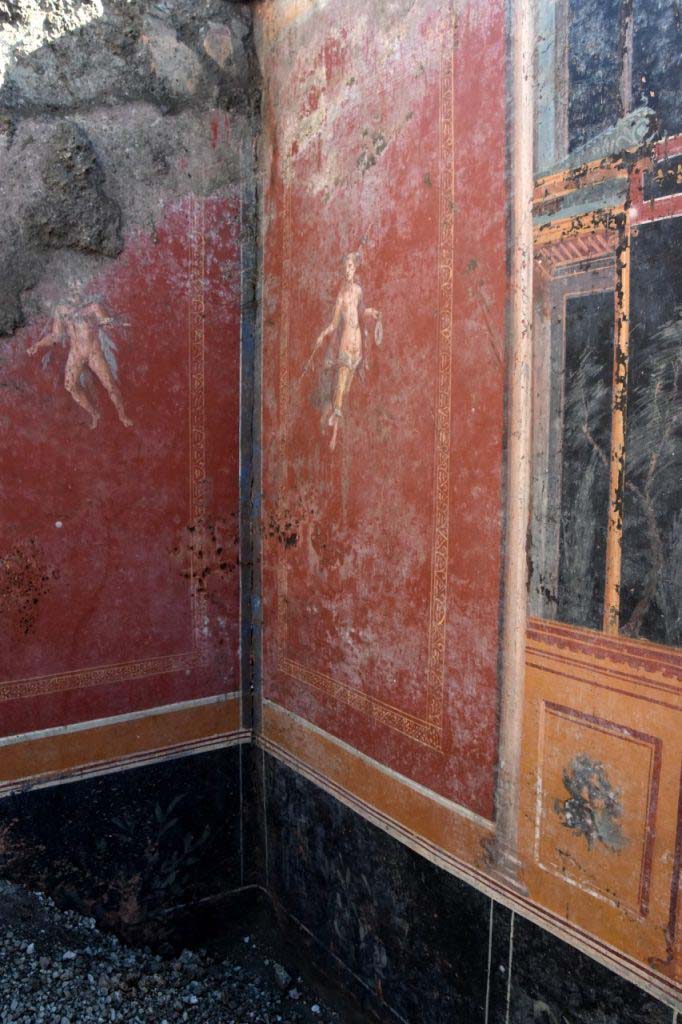 V.6.12 Pompeii. February 2019. Atrium corner with red panels with flying figures. 
Angolo dell'atrio con pannelli rossi con figure volanti.
Photograph © Parco Archeologico di Pompei.

