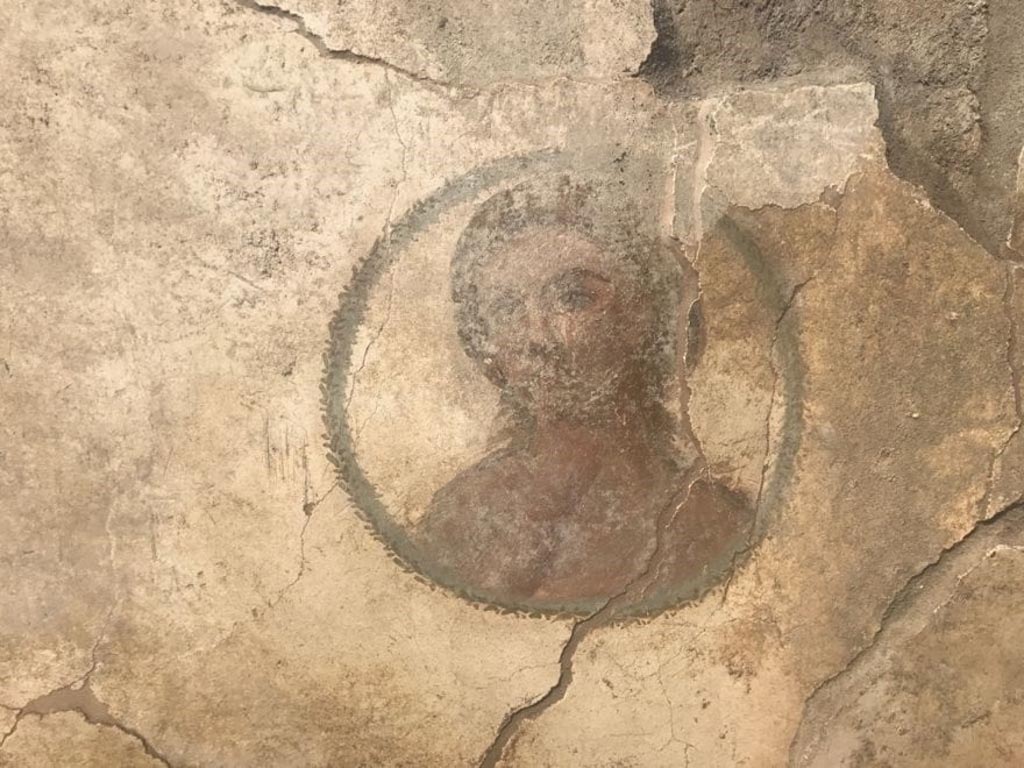 V.6.12 Pompeii. August 2018. Medallion with female portrait in centre of west wall.
Medaglione con ritratto femminile.
Photograph © Parco Archeologico di Pompei.
