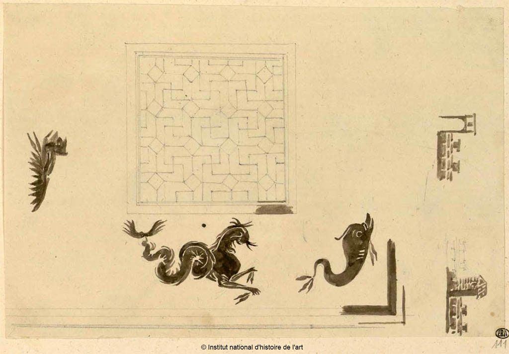 VI.1.7/25 Pompeii. Sketch of mosaic floor decoration. A mosaic showing a dolphin was seen in the threshold of room 10.
See Debret F. (1777-1850), Piranesi F. (1758-1810), LaBrouste H. (1801-1875). Voyage en Italie-De Naples  Paestum, pl. 111.
INHA Identifiant numrique : NUM PC 77832 (07). See book on INHA Les documents sont placs sous  Licence Ouverte / Open Licence  Etalab 
