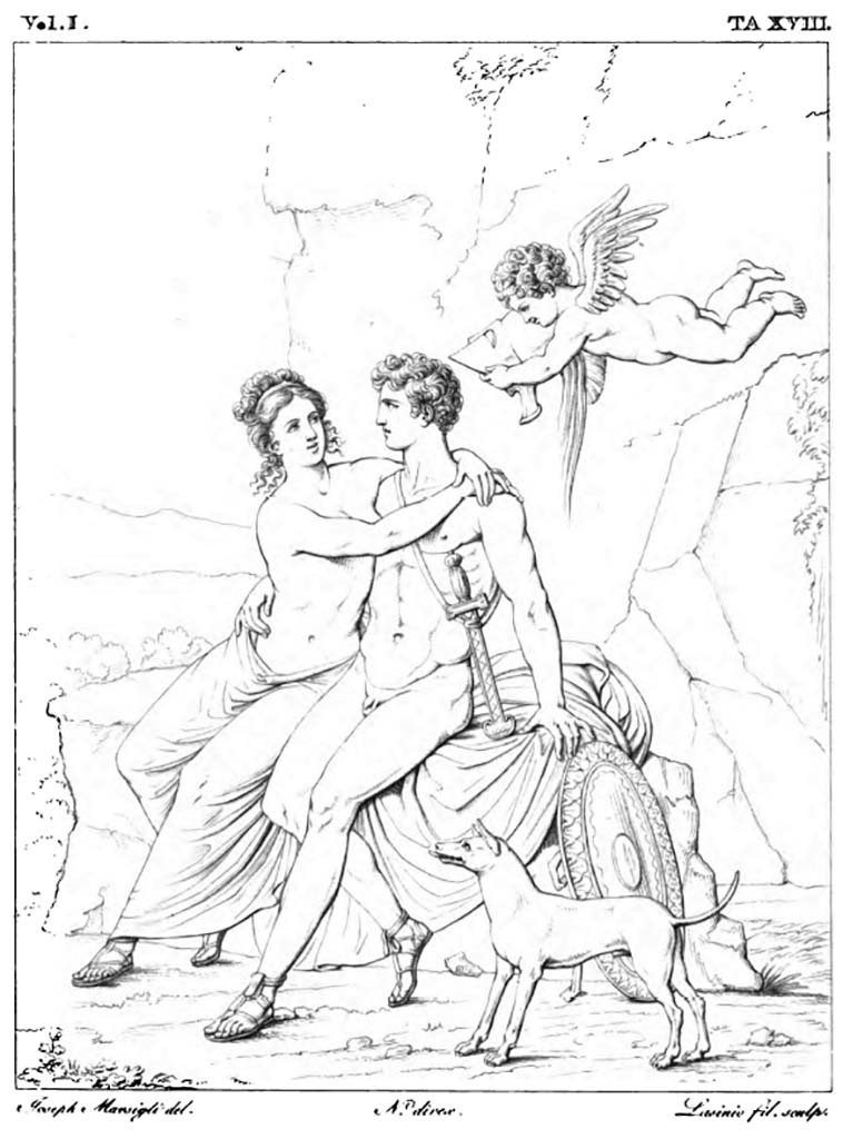 VI.1.7 Pompeii. Room 38. 1824 drawing of a painting by Marsigli of Ares/Mars and Aphrodite/Venus embracing, accompanied by a dog and cupid.
According to PPM, this was found on “another wall” of this cubiculum.
According to Helbig it was from the room to the left from the fauces.
See Real Museo Borbonico, 1824, Vol.1, Tav. 18.
See Helbig, W., 1868. Wandgemälde der vom Vesuv verschütteten Städte Campaniens. Leipzig: Breitkopf und Härtel, 316.
See Carratelli, G. P., 1990-2003. Pompei: Pitture e Mosaici. Vol. IV. Roma: Istituto della enciclopedia italiana, p. 22.
