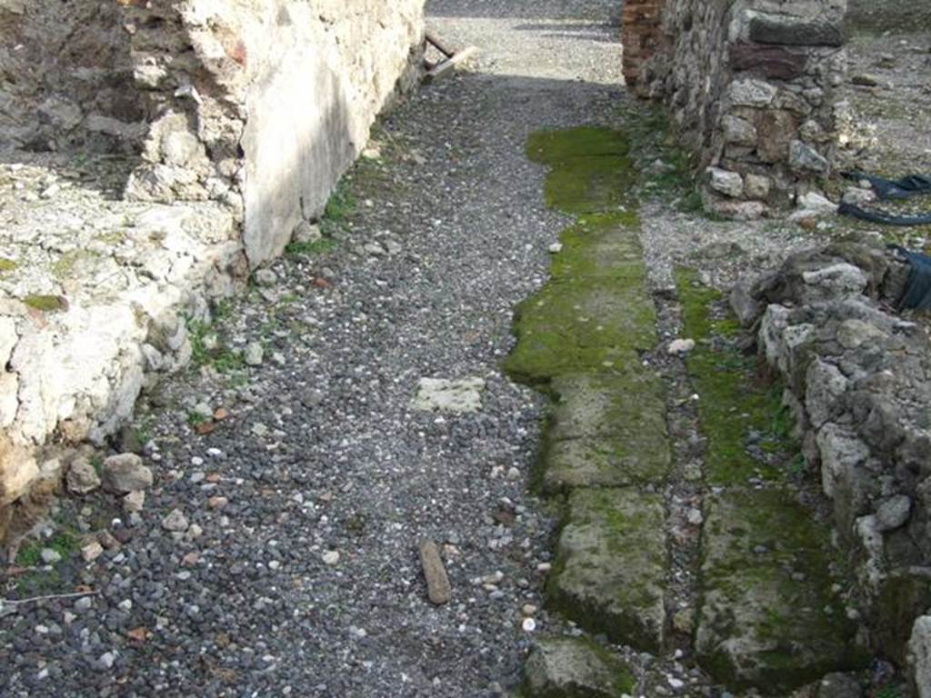 VI.1.7 Pompeii. December 2007. Floor of corridor room 40, showing channel in stone for water-pipes. These would have fed the fountain or water feature in room 41, that would have led from a junction (on the right, centre of photo).  See Dobbins, J & Foss, P., 2008. The World of Pompeii. New York: Routledge. (p.399)
