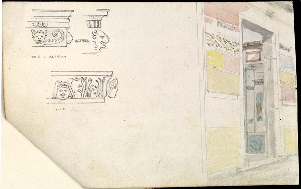 VI.2.4 Pompeii. c.1819 sketch by W. Gell showing gutter-tiles decoration, on left.
The doorway to first cubiculum on north side of atrium, on right, also shows details of the painted east wall inside.
See Gell W & Gandy, J.P: Pompeii published 1819 [Dessins publiés dans l'ouvrage de Sir William Gell et John P. Gandy, Pompeiana: the topography, edifices and ornaments of Pompei, 1817-1819], pl. 13 verso.
See book in Bibliothèque de l'Institut National d'Histoire de l'Art [France], collections Jacques Doucet Gell Dessins 1817-1819
Use Etalab Open Licence ou Etalab Licence Ouverte
