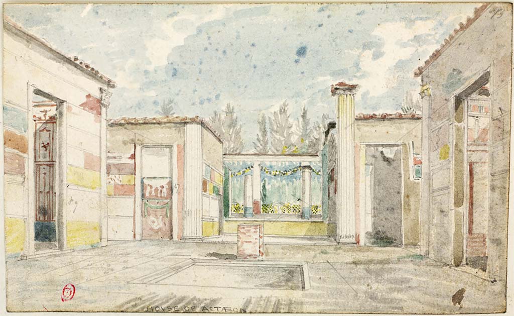 VI.2.4 Pompeii. c.1819 sketch by W. Gell. Looking east across atrium towards tablinum and peristyle.
The doorway to the second cubiculum on north side of atrium, can be seen on the left. 
See Gell W & Gandy, J.P: Pompeii published 1819 [Dessins publiés dans l'ouvrage de Sir William Gell et John P. Gandy, Pompeiana: the topography, edifices and ornaments of Pompei, 1817-1819], pl. 18.
See book in Bibliothèque de l'Institut National d'Histoire de l'Art [France], collections Jacques Doucet Gell Dessins 1817-1819
Use Etalab Open Licence ou Etalab Licence Ouverte
