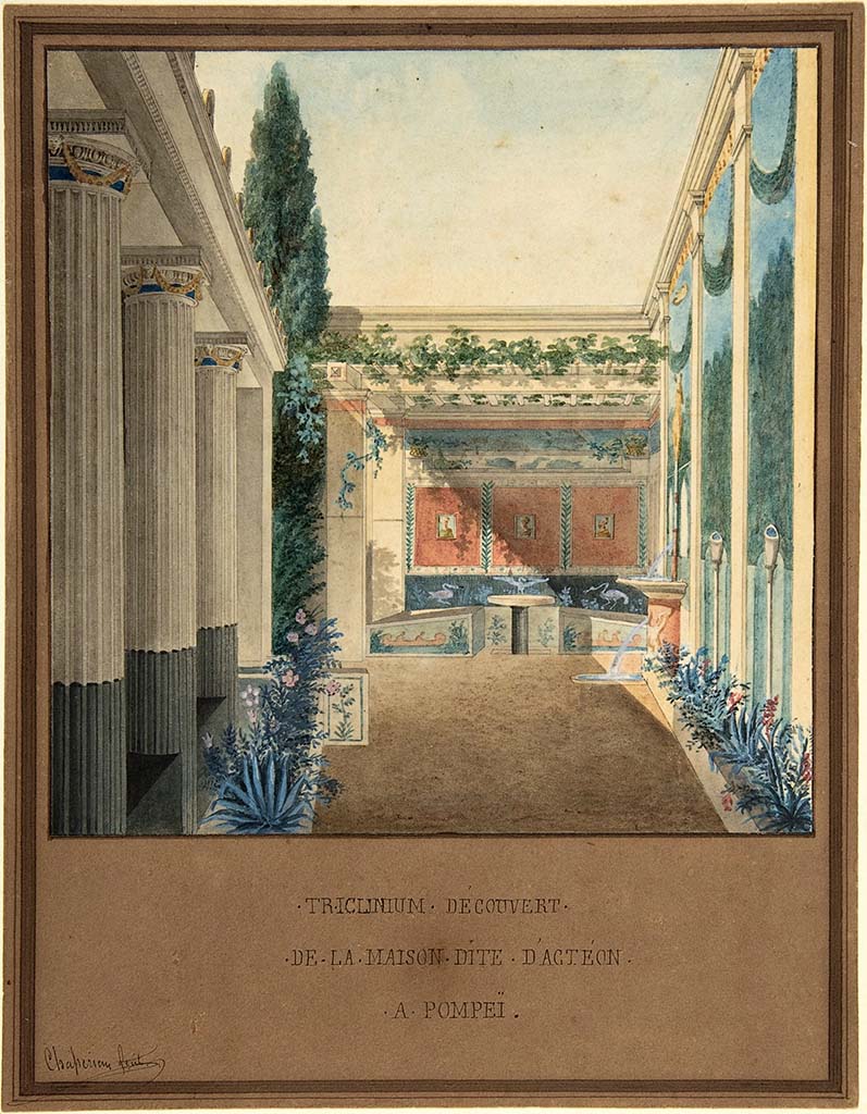 VI.2.4 Pompeii. 1906. Summer triclinium with painted north wall. 
See Thedenat, H., 1906. Pompei Histoire Vie Privee. Paris : Renouard, p. 80-1, Fig. 48.
