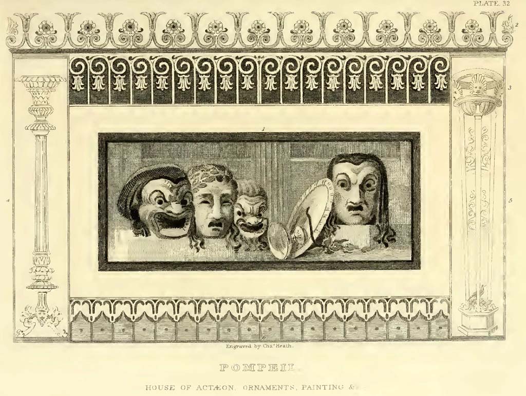 VI.2.4 Pompeii. Painting of ornamental masks from the south-west corner of room on north side of tablinum.
He said “the surrounding ornaments are copied from various parts of the house; the lower (6) is red and blue, upon grounds of pink and white.
See Gell, W, and Gandy J. P., 1819. Pompeiana. London: Rodwell and Martin, plate XXXII.
